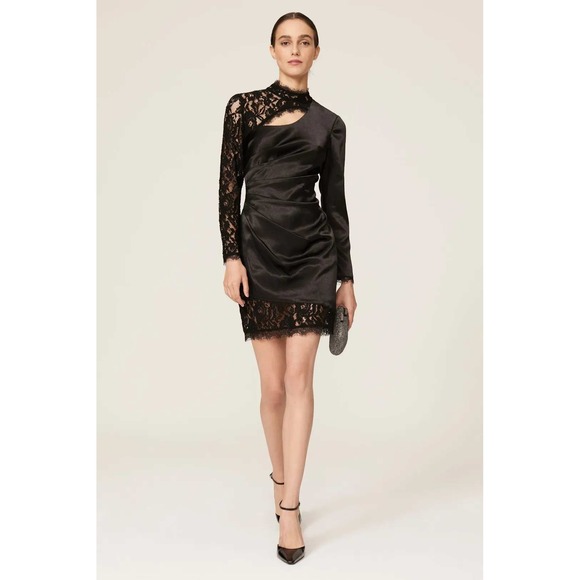 Aidan Mattox Dresses & Skirts - Aidan Mattox Black Lace Detail One Shoulder Ruched Cocktail Dress Size 12